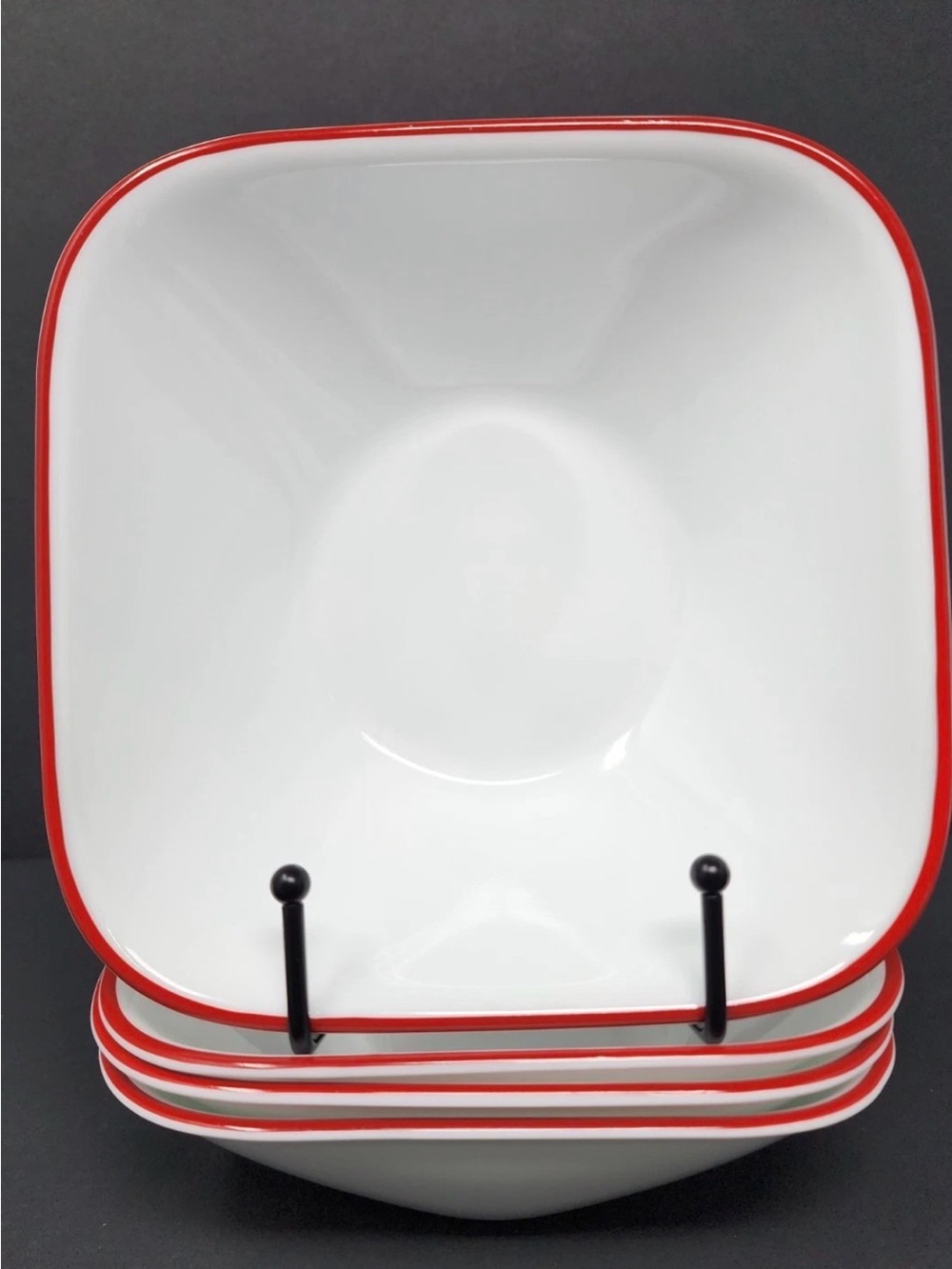 Set Of 4 Corelle Vitrelle Splendor 6.5" Square Cereal White Bowls Red Rim 22 Oz
